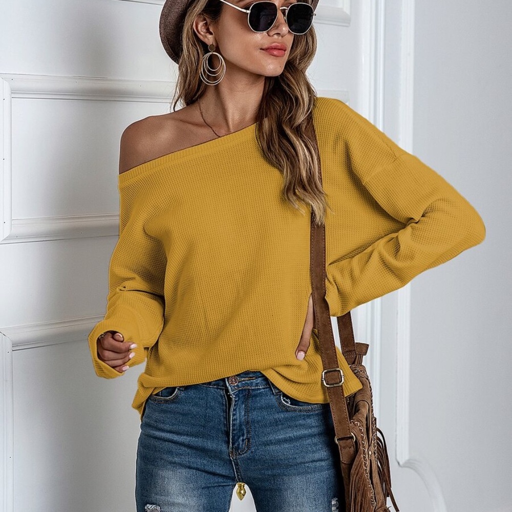 mustard oversized off shoulder waffle knit top